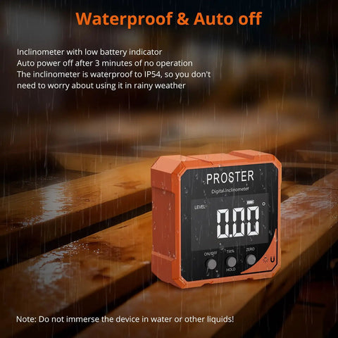 Heavy Duty Digital Angle Finder Torpedo Level Featuring A Dead On Magnetic Mount Plus Super Precise Zero To Ninety Degree Readings For Real Deal Carpentry And Gnarly Builds on wood surface under rain.