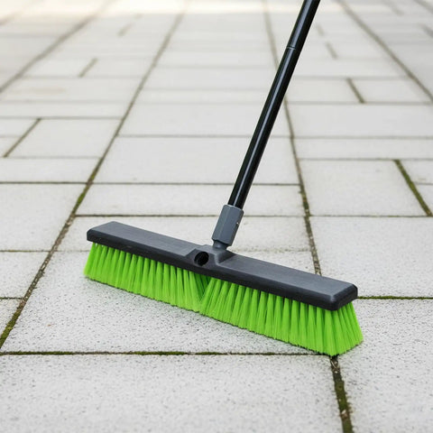 18 Inch Indoor Shop And Garage Push Broom With Soft Bristles on tile floor