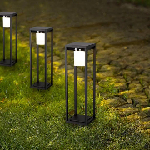 Outdoor Solar Floor Path Light With Motion Sensor Cordless Aluminum Garden Lamp for deck and yard on grassy path at night