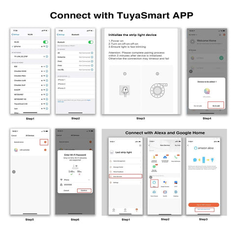 Step-by-step guide to connecting Lit LED Strip Lights 25ft WiFi RGB Color Changing Works With Alexa And Google via TuyaSmart app.