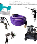 Top Shelf 3/8 X 50 Ft Air Hose Kink Resistant Hybrid Rubber Compressor Line with accessories like gauges and tools.