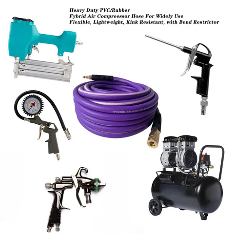 Top Shelf 3/8 X 50 Ft Air Hose Kink Resistant Hybrid Rubber Compressor Line with accessories like gauges and tools.