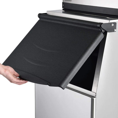 Close-up of black lid on Heavy Duty Modular Ice Maker With 275 Pound Storage Bin Delivering 500 Pounds Daily.