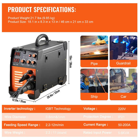 Do It All 270 Amp MIG TIG ARC Welder with 110 220V inverter, LCD display, product dimensions, welding examples, and specifications.