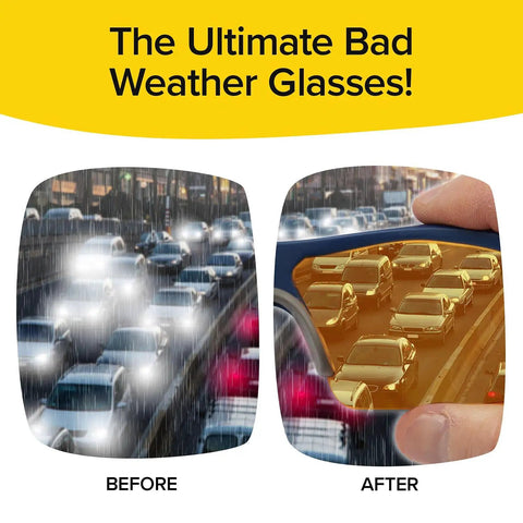 Comparison of driving with Storm-Ready Glare-Reducing Glasses for Driving in Rain and Snow, before and after showing enhanced visibility.