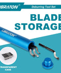 Libraton Deburring Tool Kit 12 In 1 With Ergonomic Aluminum Handle And Eleven High Speed Steel Blades showing blade storage and transparent case.