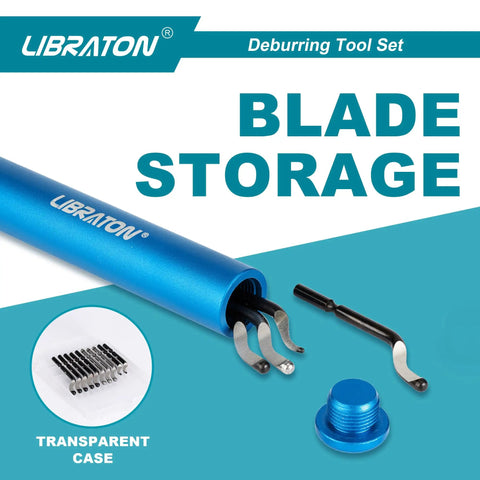 Libraton Deburring Tool Kit 12 In 1 With Ergonomic Aluminum Handle And Eleven High Speed Steel Blades showing blade storage and transparent case.