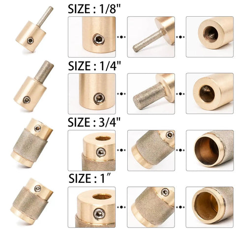 4 Pack Diamond Grinder Bits For Glass And Tile, Four Sizes One Inch, Three Quarter Inch, One Quarter Inch, One Eighth Inch
