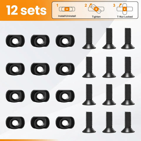 Slick 12 Piece T Nut And Screw Replacement Bundle For M Rail And M Loc Tactical Mounts With Picatinny Rails showing t nuts and screws.