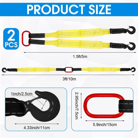 Beefy Two Leg Lifting Slings With Hooks Twin Pack For Engines Cranes Hoists And Trucks, 5 Ft Polyester Bridle Slings, 4410 Lb Working Load Capacity For Heavy Lifting Jobs, product size diagram