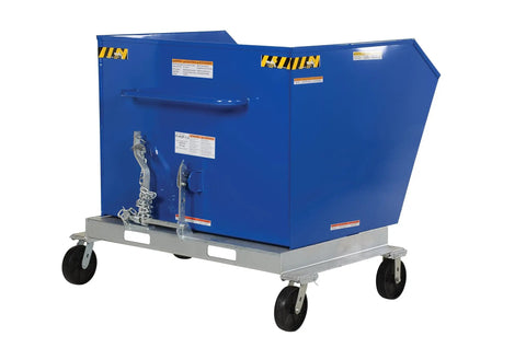 Built Tough Steel Tilting Hopper Forklift Skips Debris And Trash with 2000 lb load capacity in blue color.