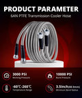 6AN PTFE Fuel Line Kit with stainless braided hose, 5.8ft long, shown coiled with connectors, 3000 PSI max pressure
