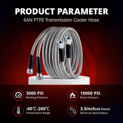 6AN PTFE Fuel Line Kit with stainless braided hose, 5.8ft long, shown coiled with connectors, 3000 PSI max pressure