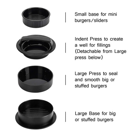 Components of 3 In 1 Nonstick Burger Press For Stuffed Patties, Sliders And Regular Burgers, Detachable Indent Press For Filling