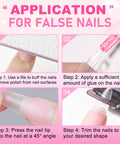 Ultra Fast Nail Glue For Acrylics And Press Ons application guide, including buffing, applying glue, pressing, and trimming nails