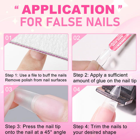 Ultra Fast Nail Glue For Acrylics And Press Ons application guide, including buffing, applying glue, pressing, and trimming nails
