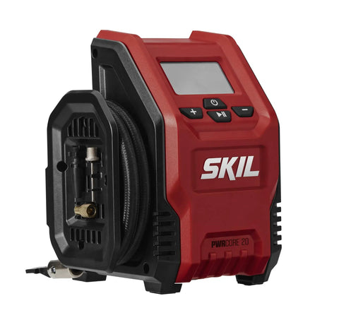 Built Tough No Sweat 20V Brushless Nine Piece Cordless Power Tool Combo Kit includes compact SKIL air pump with pressure gauge.