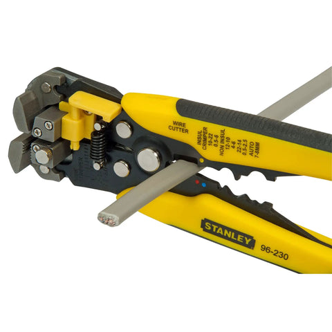 Heavy Duty Wire Stripper Tool With Fine Adjustment Screw For 0 To 6 Mm2 Cables Crimping Isolated And Non Isolated Cable Shoes Durable Yellow And Black Hand Tool For Pros And DIYers cutting a wire close-up