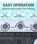 Slick Portable Twin Tub Washing Machine control panel showing wash timer and mode selectors for easy operation and settings.