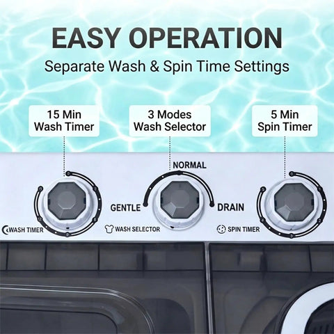 Slick Portable Twin Tub Washing Machine control panel showing wash timer and mode selectors for easy operation and settings.