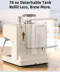 78 oz detachable tank of 15 Bar Espresso Machine With Built-In Anti-Clog Grinder And Milk Frother Steam Wand Tamping Tools For Lattes And Cappuccinos Fast Eject Ground System Home Barista Grade Coffee Maker In Almond Finish