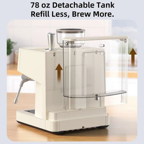 78 oz detachable tank of 15 Bar Espresso Machine With Built-In Anti-Clog Grinder And Milk Frother Steam Wand Tamping Tools For Lattes And Cappuccinos Fast Eject Ground System Home Barista Grade Coffee Maker In Almond Finish