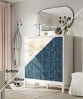 Blue Peel And Stick Geometric Wallpaper For Home Decor And Furniture Renovation Self Adhesive Matte Contact Paper 17.71 Inches By 118 Inches No Fuss Easy Install And Remove Removable Wall Covering For Quick Makeovers applied on cabinet with before and after view.