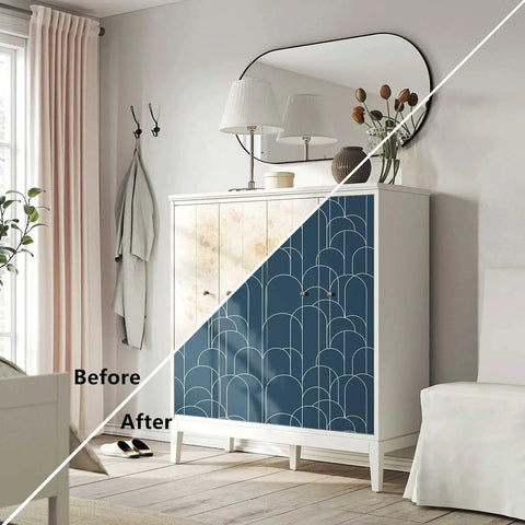 Blue Peel And Stick Geometric Wallpaper For Home Decor And Furniture Renovation Self Adhesive Matte Contact Paper 17.71 Inches By 118 Inches No Fuss Easy Install And Remove Removable Wall Covering For Quick Makeovers applied on cabinet with before and after view.