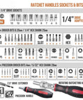 Heavy Duty Ratchet Screwdriver Set With Magnetic Bits 61-piece chrome vanadium kit with 1/4-inch sockets and handles