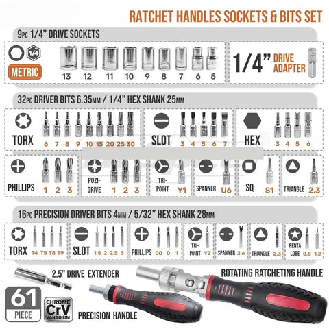 Heavy Duty Ratchet Screwdriver Set With Magnetic Bits 61-piece chrome vanadium kit with 1/4-inch sockets and handles