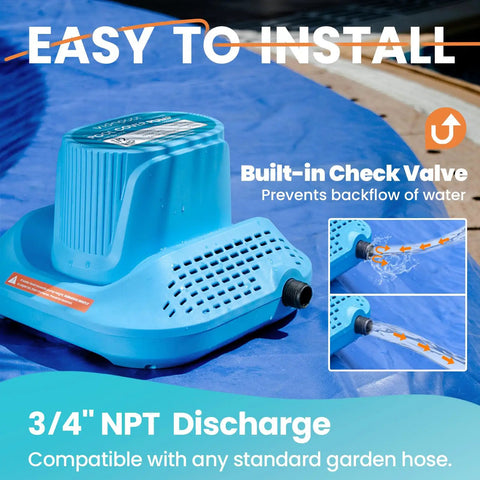 Half HP Pool Cover Pump With No Fuss Auto On Off Sensor, submersible sump pump with built-in check valve on pool cover