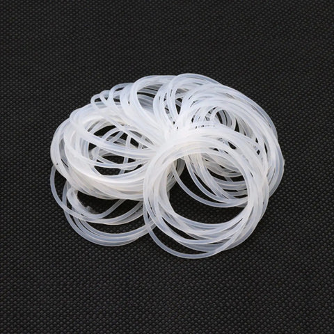 Pro Grade White Silicone O Ring Gasket Assortment Kit For Food Grade Sealing 2mm Cross Section 5 To 80mm Diameter 10 Or 50 Pieces, white silicone O-rings on black background