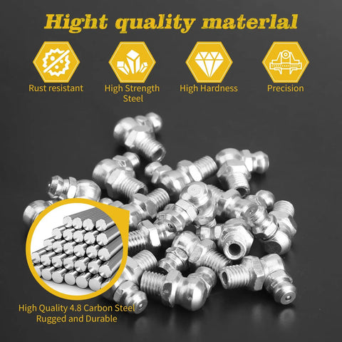 Pile of Beefy Pro Grade Heavy Duty 60 Piece Galvanized Steel Grease Fittings Set With SAE Quarter Inch And Eighth Inch Zerks