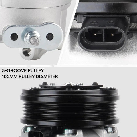 Close-up of 5-groove pulley on Premium Road Ready AC Compressor With Clutch, 105mm diameter for Chevy Malibu Cobalt Hhr 2003-2012.