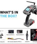 Ultra Reliable 7 Channel RC Radio Transmitter With R7FG R6FG Gyro Receivers, user manual, and accessories in box