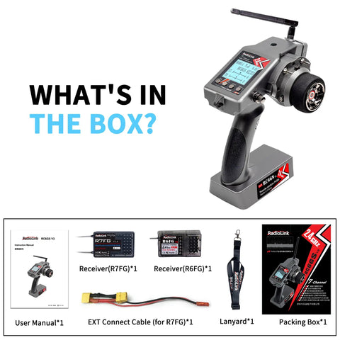 Ultra Reliable 7 Channel RC Radio Transmitter With R7FG R6FG Gyro Receivers, user manual, and accessories in box