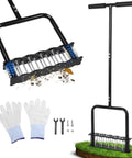 Manual Lawn Aerator Tool With Dual Spring Spikes Stainless Steel Lawn Aerator For Soil Loosening shown with accessories