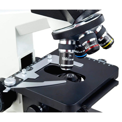 Close-up of 3MP USB Digital Microscope With Halogen Illumination, 40X To 2000X Magnification, showing control dials and stage.