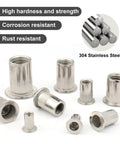 Rivet Nut Kit 100Pcs M4 M5 M6 M8 M10 Stainless Steel Pro Grade Rivet Nuts Assortment with Flat Head Knurled Body on display