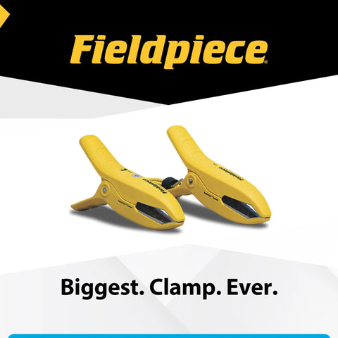 Pro Grade Wireless Large Pipe Clamp Thermocouple For HVAC Systems with yellow clamps and Fieldpiece branding.