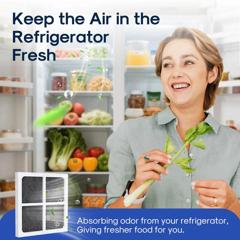 Woman smiling in front of open fridge using Refrigerator Air Filter Replacement For LT120F LG And Kenmore Elite 469918 9918.