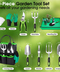 10 Piece Garden Tool Set With Heavy Duty Storage Tote Workhorse Includes Pruner Trowel Transplanter Hand Rake Weeder Cultivator Repot Mat Gloves Plant Tags And Carrying Case Rust Resistant Tools With Non Slip Ergonomic Handles For Women And Men Green displayed.