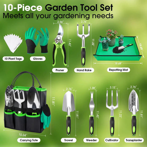 10 Piece Garden Tool Set With Heavy Duty Storage Tote Workhorse Includes Pruner Trowel Transplanter Hand Rake Weeder Cultivator Repot Mat Gloves Plant Tags And Carrying Case Rust Resistant Tools With Non Slip Ergonomic Handles For Women And Men Green displayed.