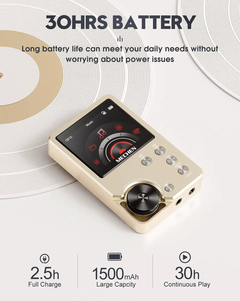 Gold HiFi MP3 Player With Lossless DSD High Resolution Audio Portable HighRes Music Player showing 30hrs battery life