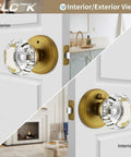 Antique Brass Glass Door Knobs With Privacy Lock, Vintage Crystal Octagon Door Knobs For Bedroom And Bathroom, shown interior and exterior