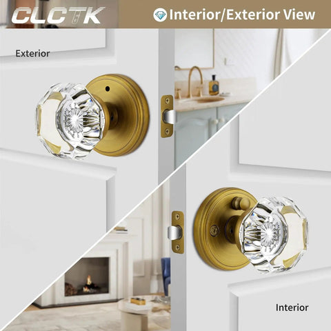 Antique Brass Glass Door Knobs With Privacy Lock, Vintage Crystal Octagon Door Knobs For Bedroom And Bathroom, shown interior and exterior