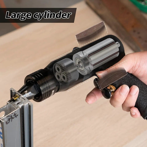 Close-up of the Heavy Duty Pneumatic Rivet Nut Puller Kit with self-locking head and mandrels, showing large cylinder detail.