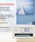 Wireless All In One Color Inkjet Printer With Auto Duplex For Home Photos on desk, 2.7-inch touchscreen, paper tray open