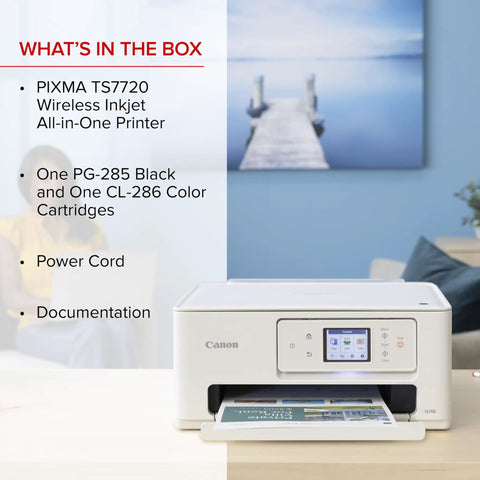 Wireless All In One Color Inkjet Printer With Auto Duplex For Home Photos on desk, 2.7-inch touchscreen, paper tray open