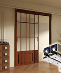 Whisper Quiet Double Track Sliding Barn Door Hardware Kit With Ceiling Mount Rail System, U Shaped Box Rail, 200cm, installed in room.